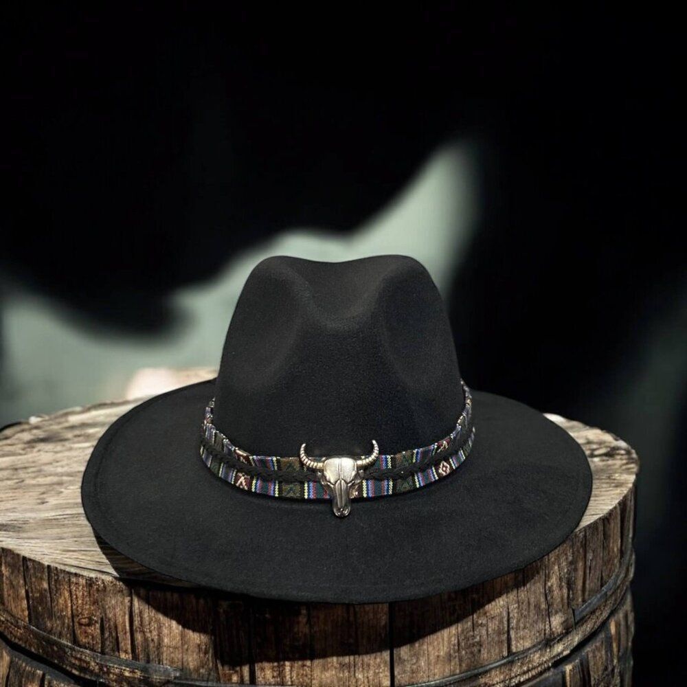 Western Black Fedora Hat Silver Bull Skull Tribal Band Stiff Brim Hat - NEW